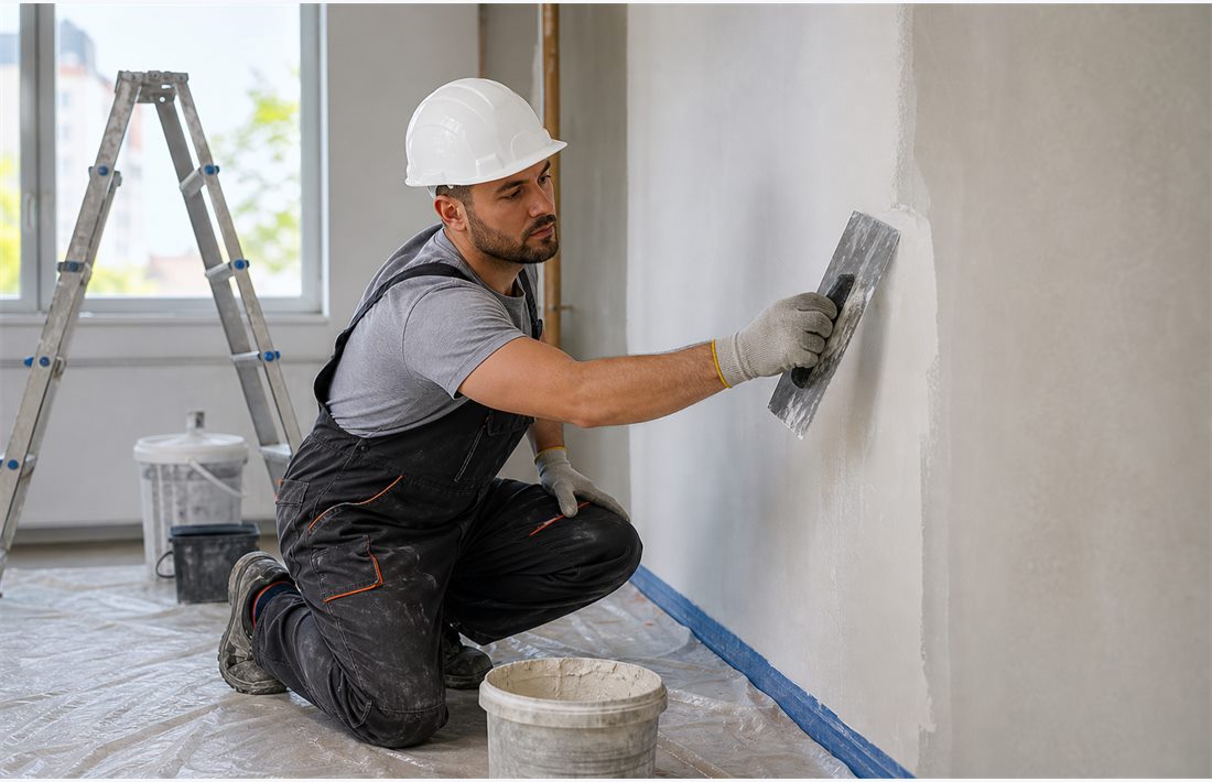 Profissional realizando reforma e acabamento em parede